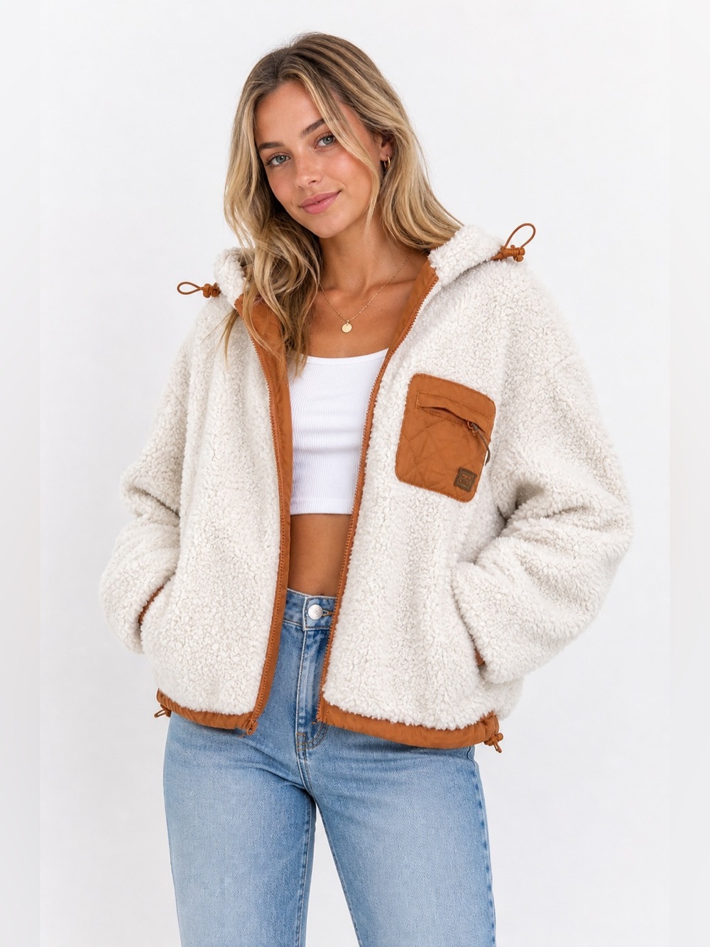 NWT Women’s Billabong Cream and Orange Sherpa Jacket - size XL -  oversized